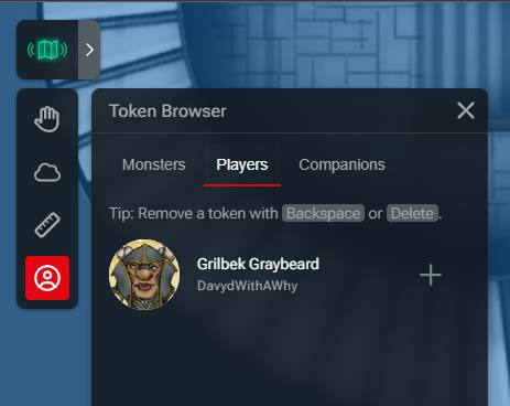 Screenshot of D&D Beyond Maps Token Browser modal on the Players tab