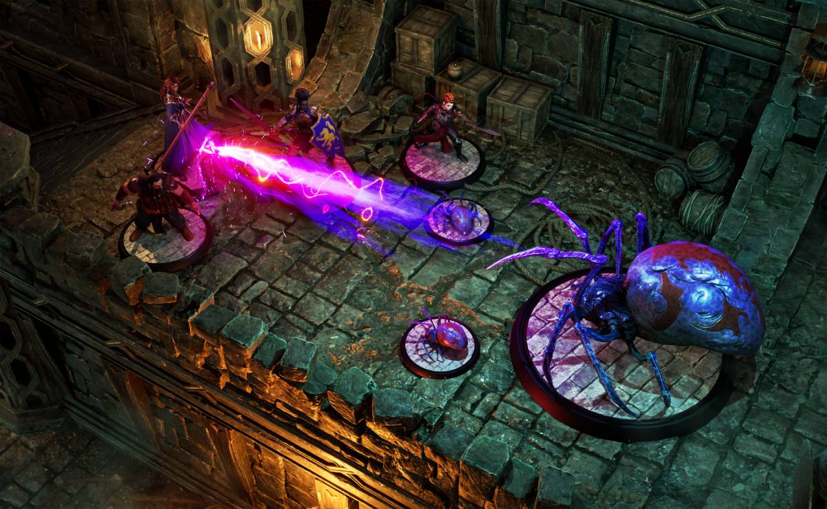 A screenshot of Sigil where a Warlock casts Eldrtich Blast at Venomous spiders.