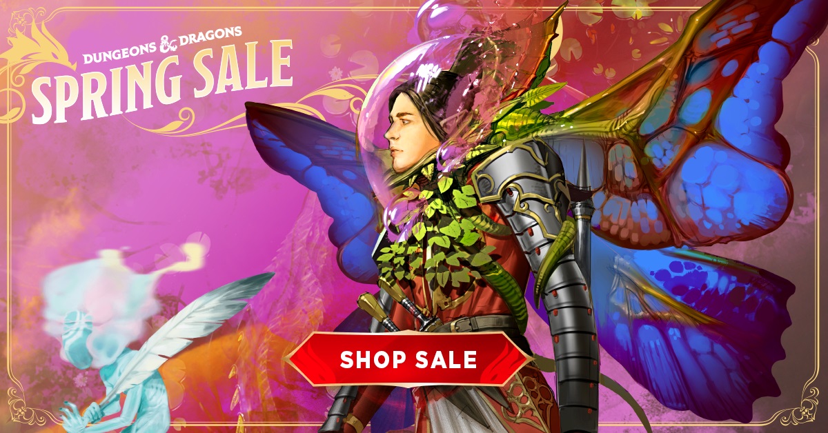 A space-faring adventurer with plants growing on them. Text reads, Dungeons & Dragons Spring Sale. Spring sales are in full bloom. Shop Sale.