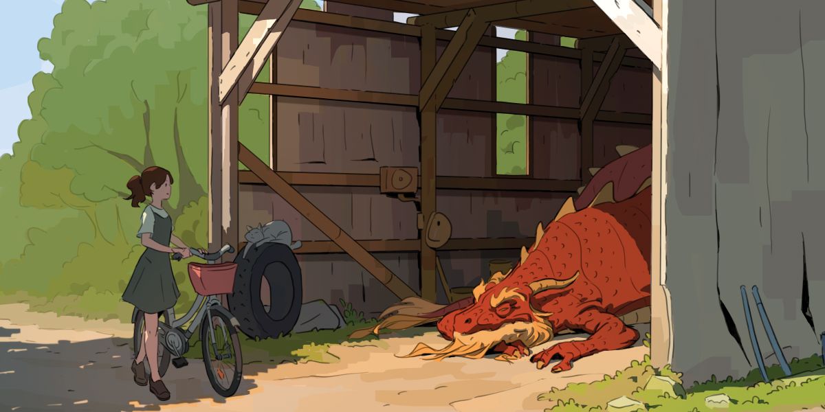 A girl wheels her bicylce by a barn with a grumpy looking dragon in it