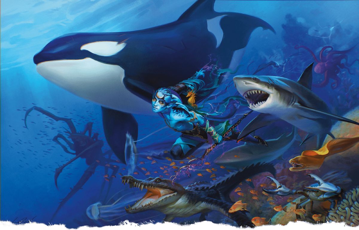 Aquatic animals swim alongside a druid exploring the sea