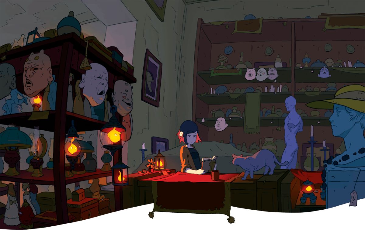 An shopkeeper of a magical emporium reading a book by candlelight.