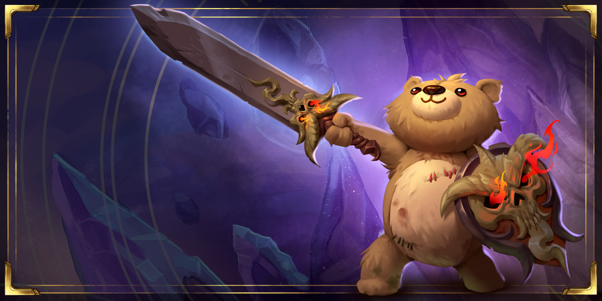 A living teddy bear wielding a weapon and a shield with a flaming skull.