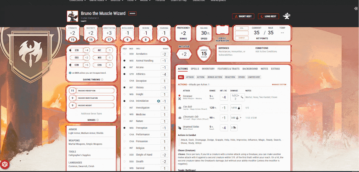 A gif showing a D&D Beyond Path of the Muscle Wizard Barbarian character sheet