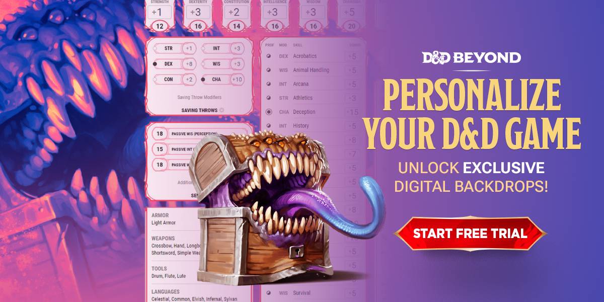  A D&D Beyond character sheet set over a purple background with a mimic visible. The text reads 'Personalize your D&D game.' Below, a red button with gold trim says 'Start Free Trial,' and smaller text at the bottom reads 'Unlock exclusive digital backgrounds'.