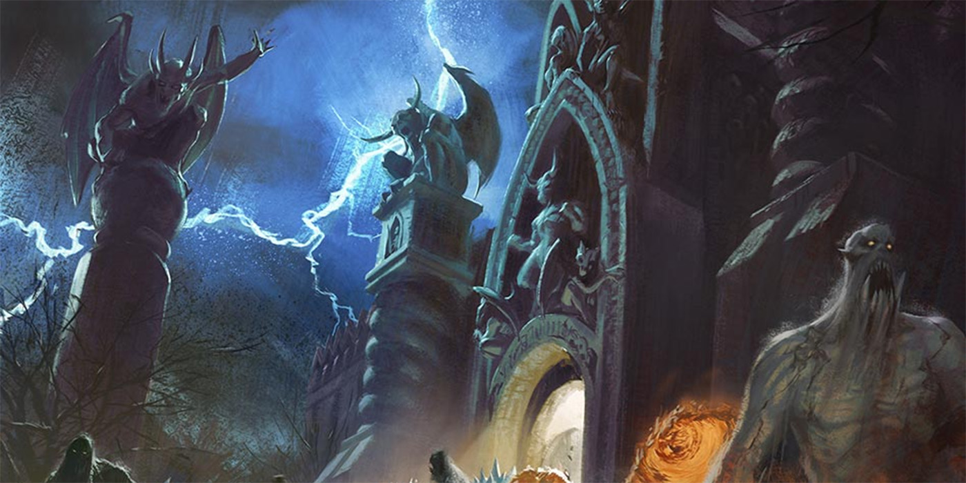Elemental monsters flood out of a ruined temple