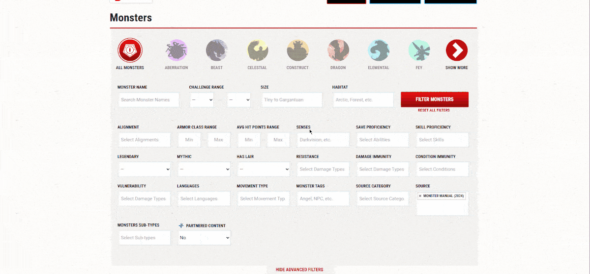 A gif showing D&D Beyond filter tools in use.