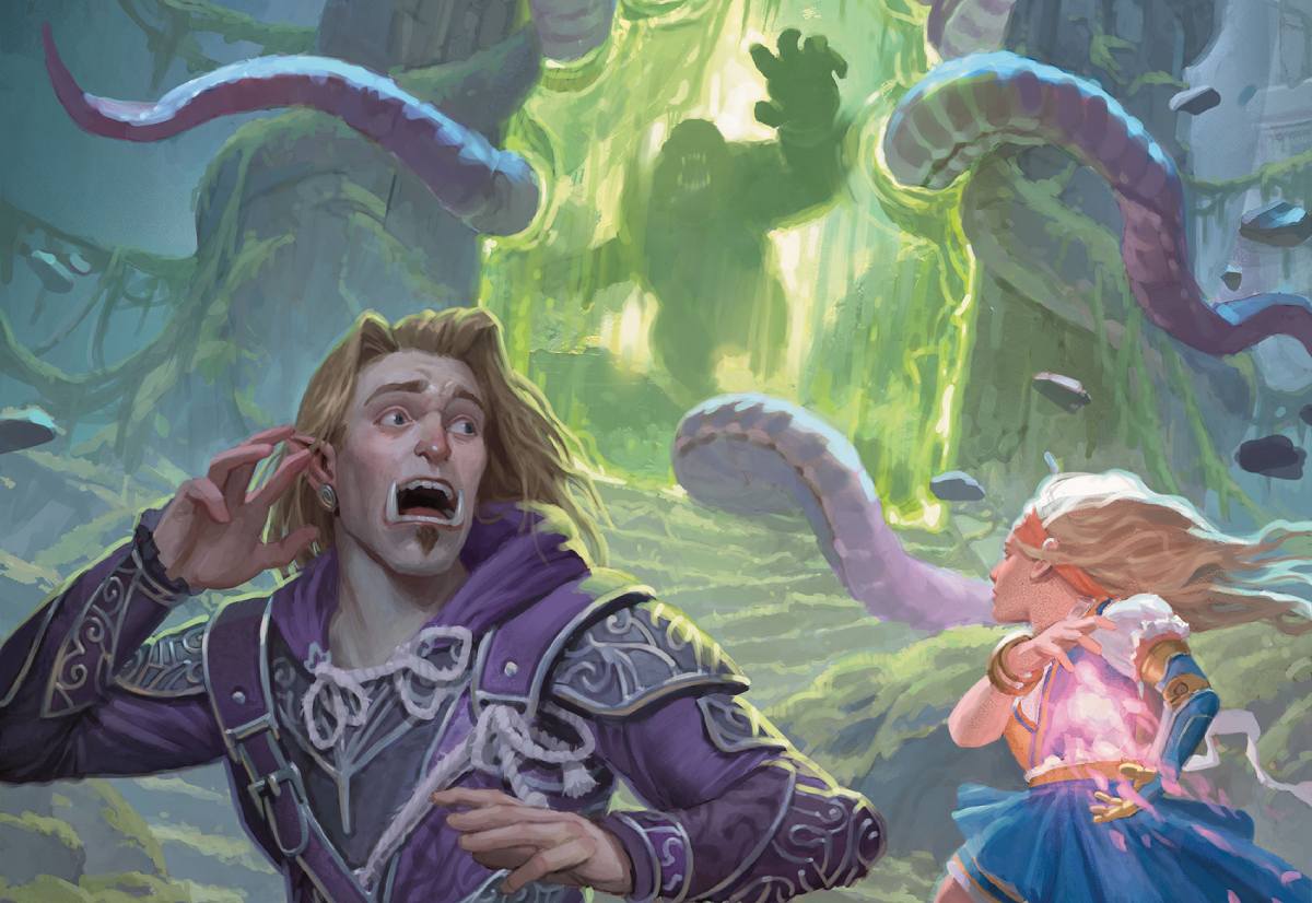 A Bard panics and Wizard casts a spell as a large monster comes through an interdimensional portal