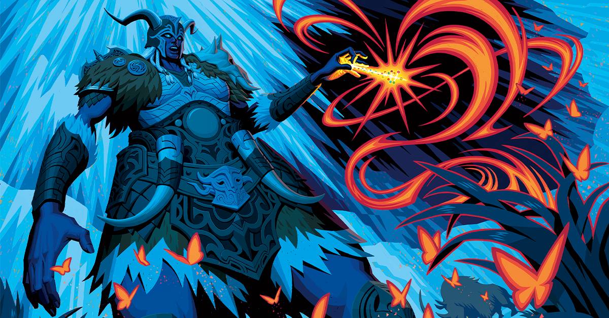 A frost giant holding a magical artifact that produces red swirls