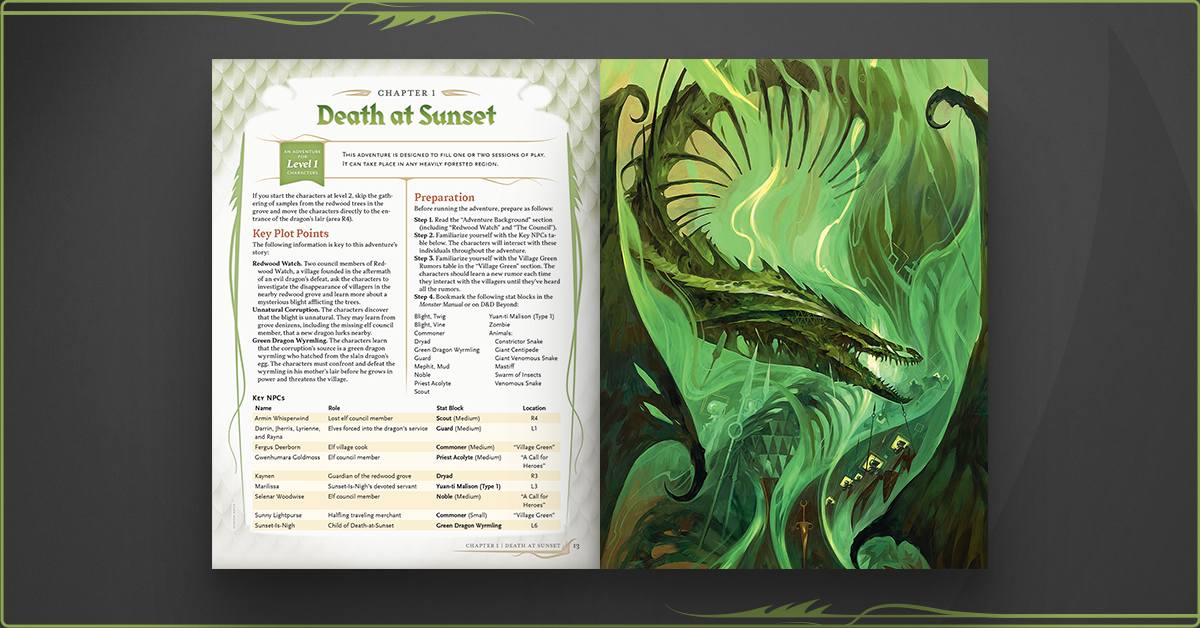 A tapestry-like illustration of a dead, sinuous green dragon