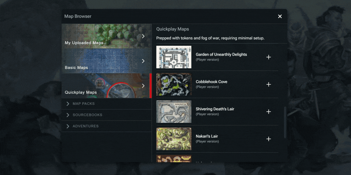 A gif showing the Maps VTT quickplay maps