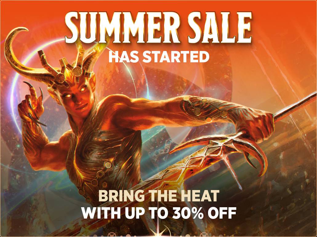 A fiery, gold-armored warrior with glowing skin and elaborate antler-like horns stands ready with a blazing weapon. Bold text above reads “SUMMER SALE HAS STARTED” and below, “BRING THE HEAT WITH UP TO 30% OFF,” all set against a vibrant orange and molten background.