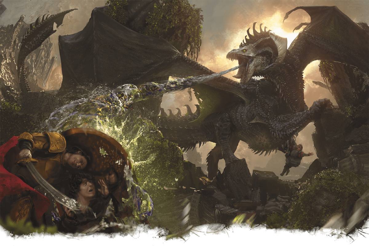 A Fighter stands between an ally and the onslaught of a black dragon