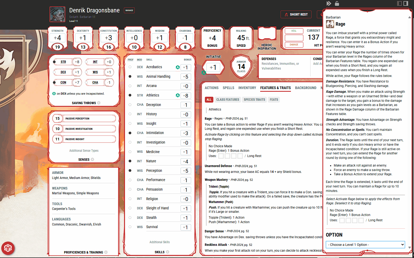 A gif of the D&D Beyond Character Sheet of Denrik Dragonsbane