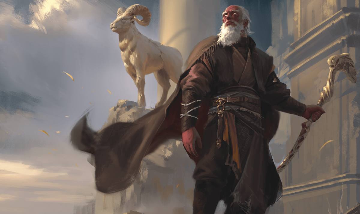 A grizzled adventurer stands alone with his goat companion