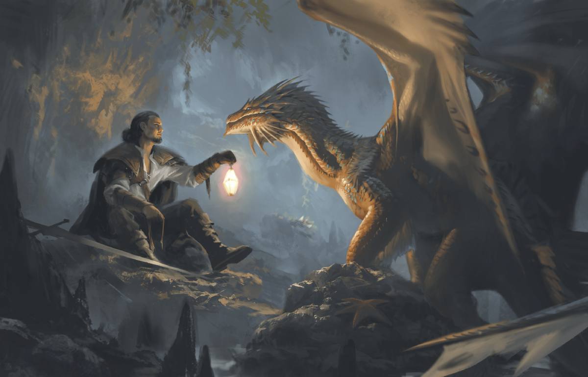 A solo adventurer sits with a dragon in a cave