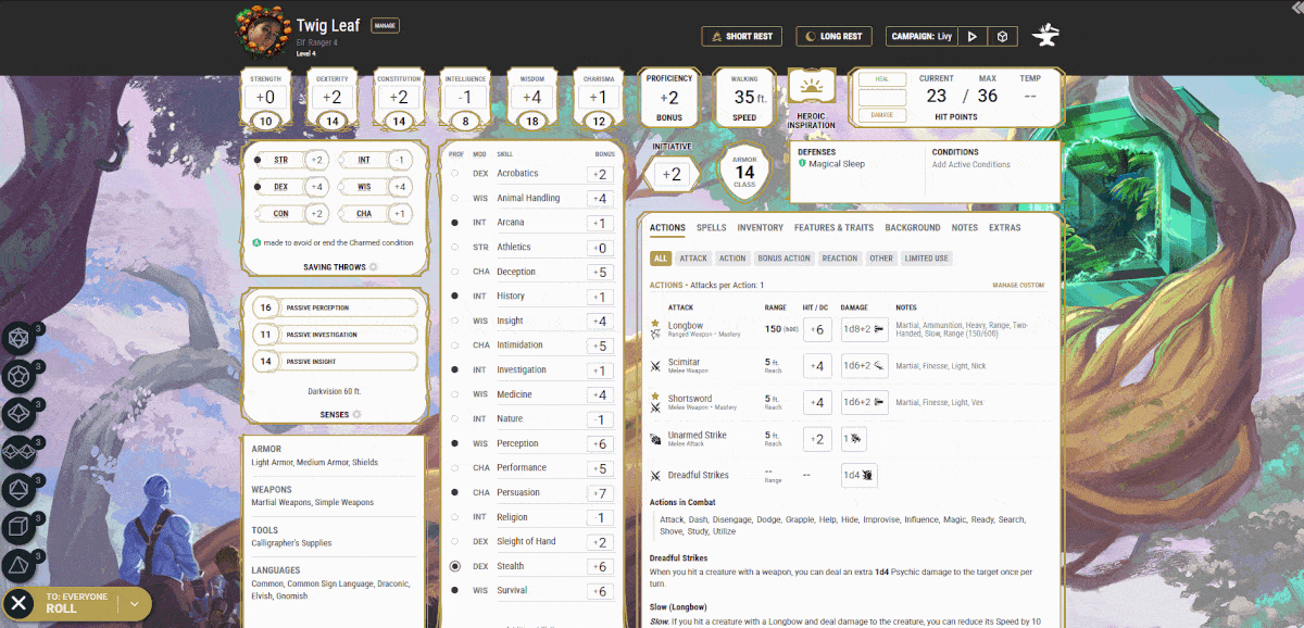 A gif of the waffle cone dice rolling on a D&D Beyond digital character sheet