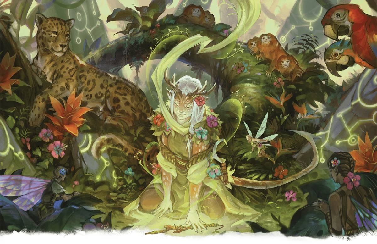 A Druid surrounded by wildlife channels magic in a forest's grove.