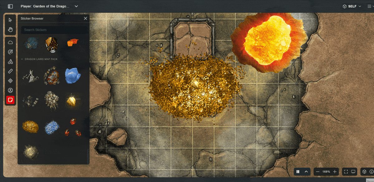 A gif of adding gold pile Stickers to the D&D Beyond Maps VTT