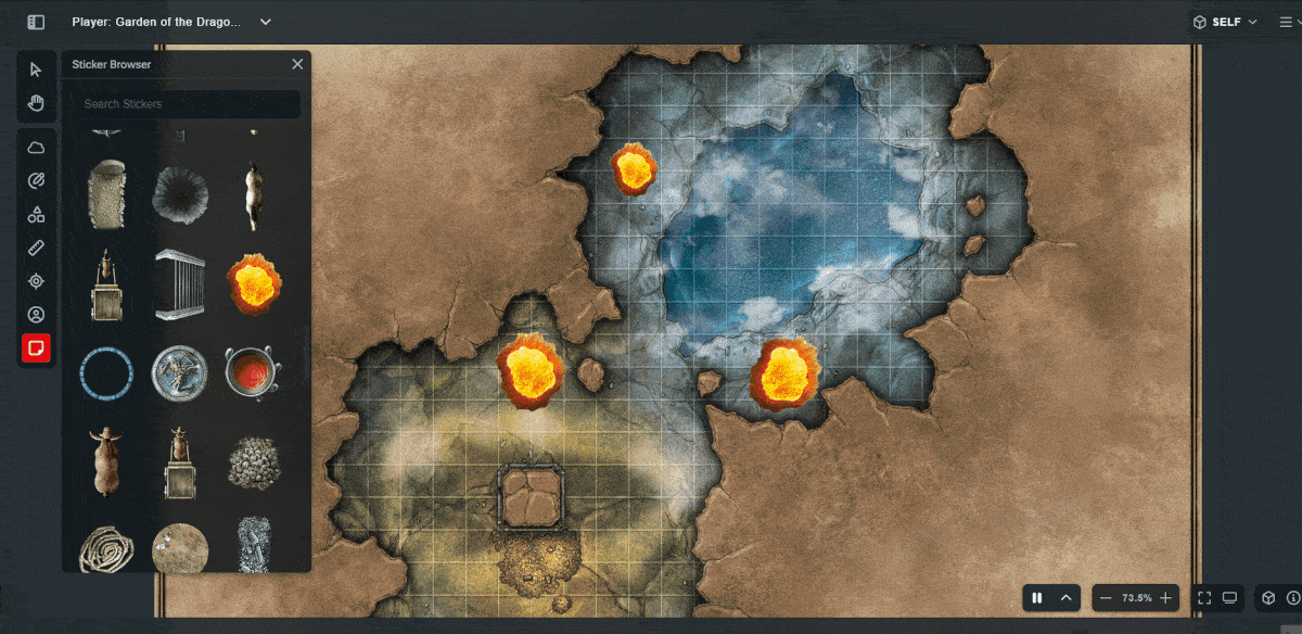 A gif of adding lava pit Stickers to the D&D Beyond Maps VTT 