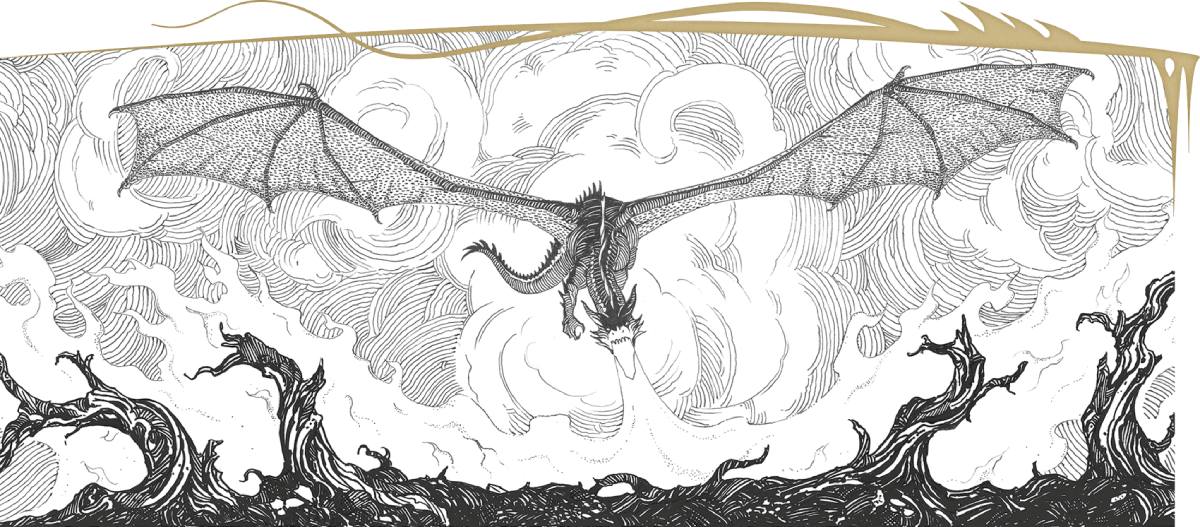 A black-and-white ink drawing shows a red dragon burning a forest