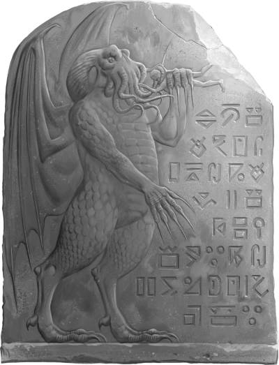 An ancient tablet shows Cthulhu and runic symbols
