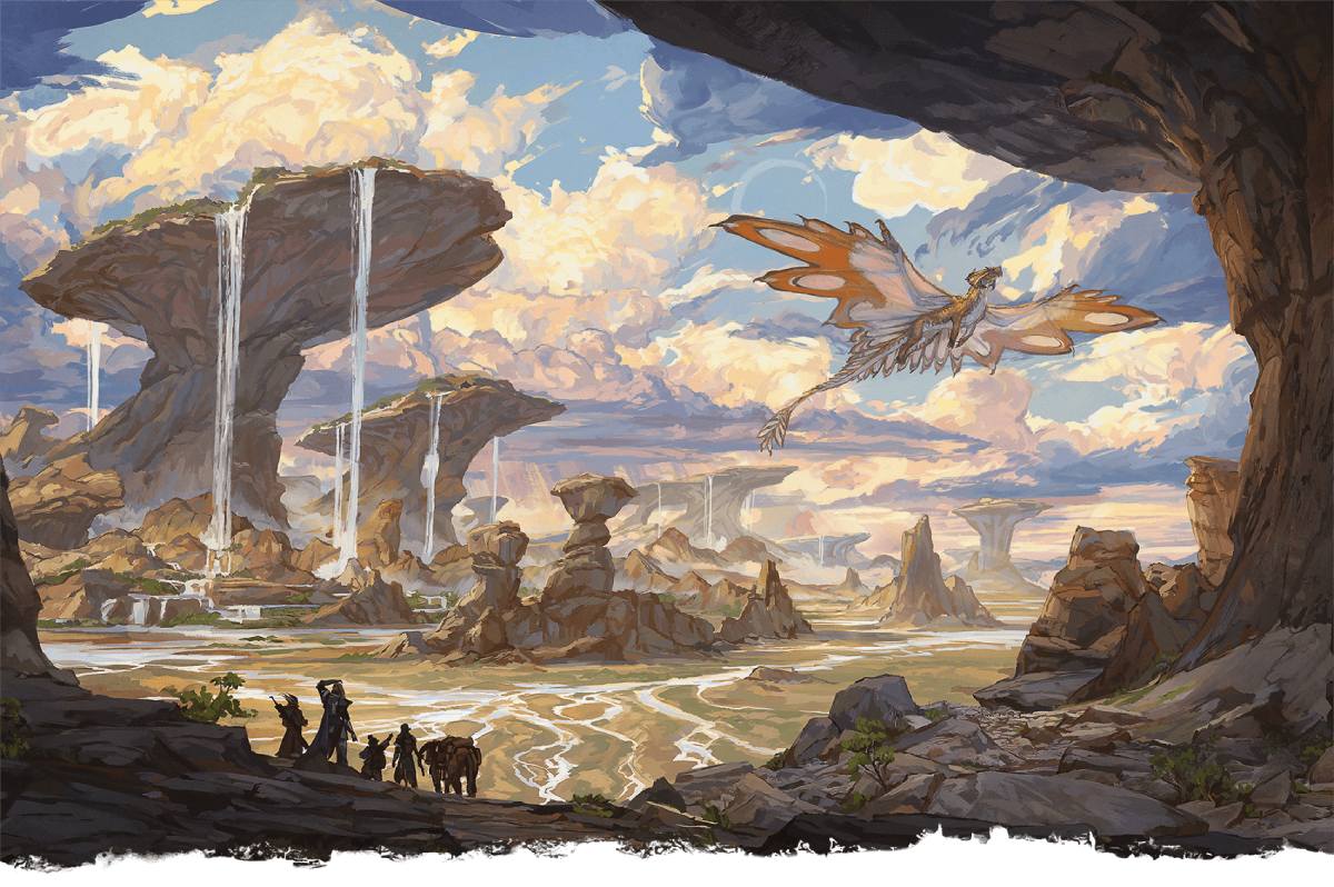 A party of adventurers traveling through fantastical landscapes.