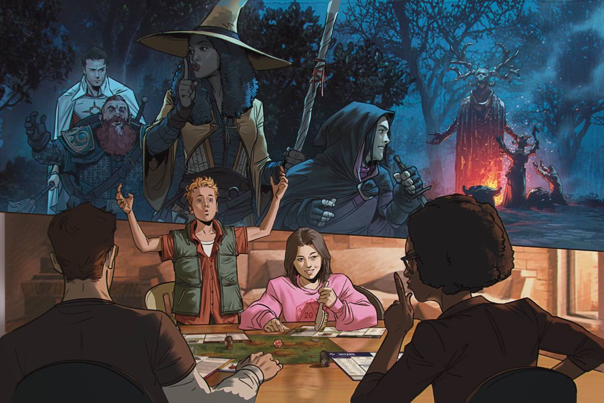 D&D players and their characters act out a scene involving a necromancer around a campfire