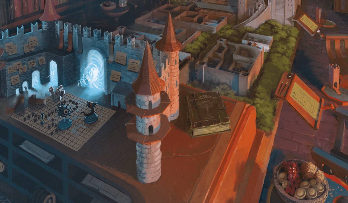 A D&D table with magical probs in an ancient library