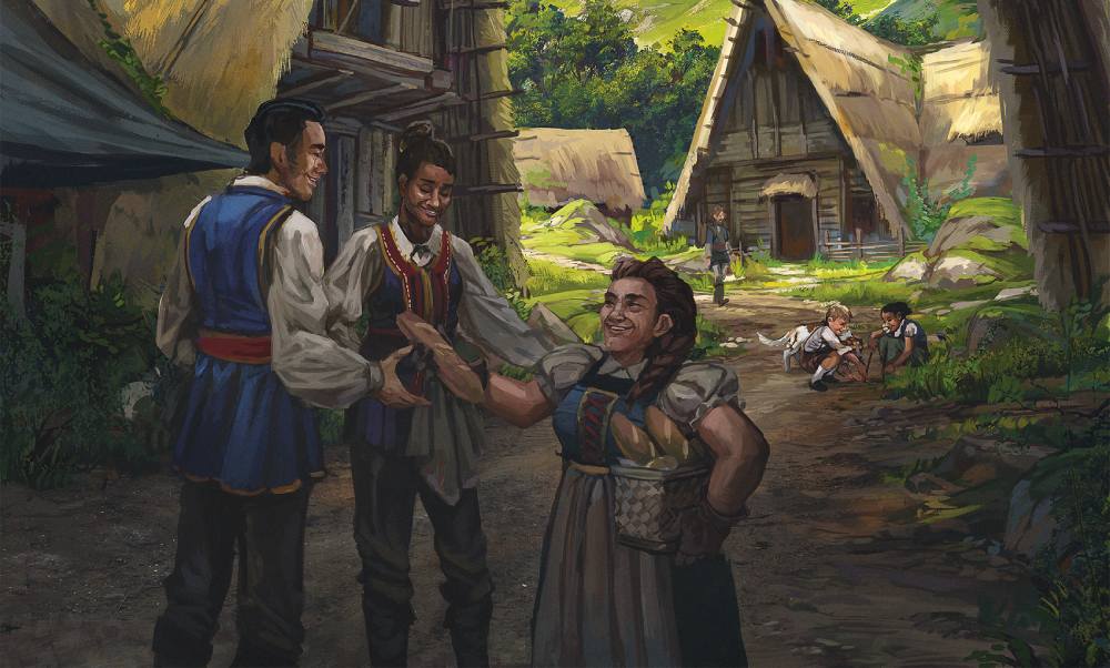 Villagers smiling at each other and discussing the goings on