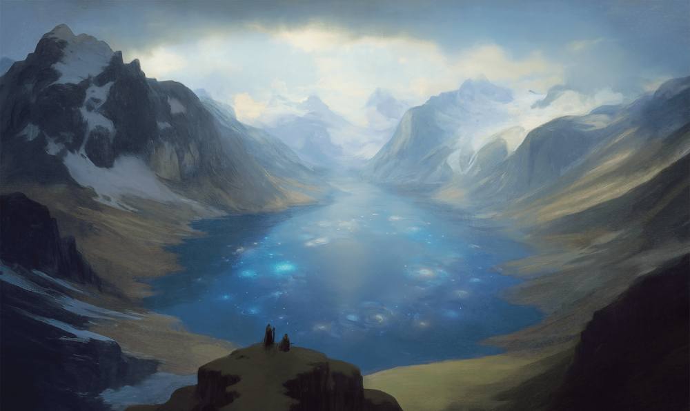 A glimmering lake in a mountainous valley