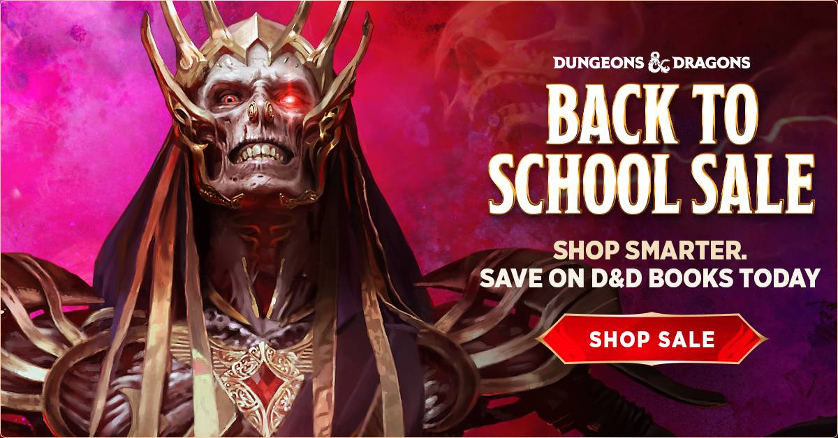 romotional banner for the Dungeons & Dragons Back to School Sale featuring the lich Vecna with a glowing red eye, ornate golden crown, and crimson background. Text reads: 'Back to School Sale. Shop smarter. Save on D&D books today.' A red button says 'Shop Sale