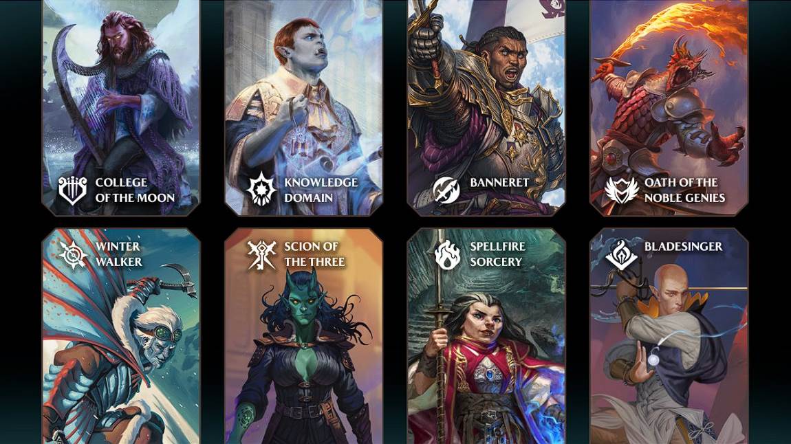 Eight Dungeons & Dragons subclass illustrations from the Forgotten Realms books. Top row: College of the Moon Bard, Knowledge Domain Cleric, Banneret Fighter, Oath of the Noble Genies Paladin. Bottom row: Winter Walker Ranger, Scion of the Three Rogue, Spellfire Sorcery Sorcerer, Bladesinger Wizard