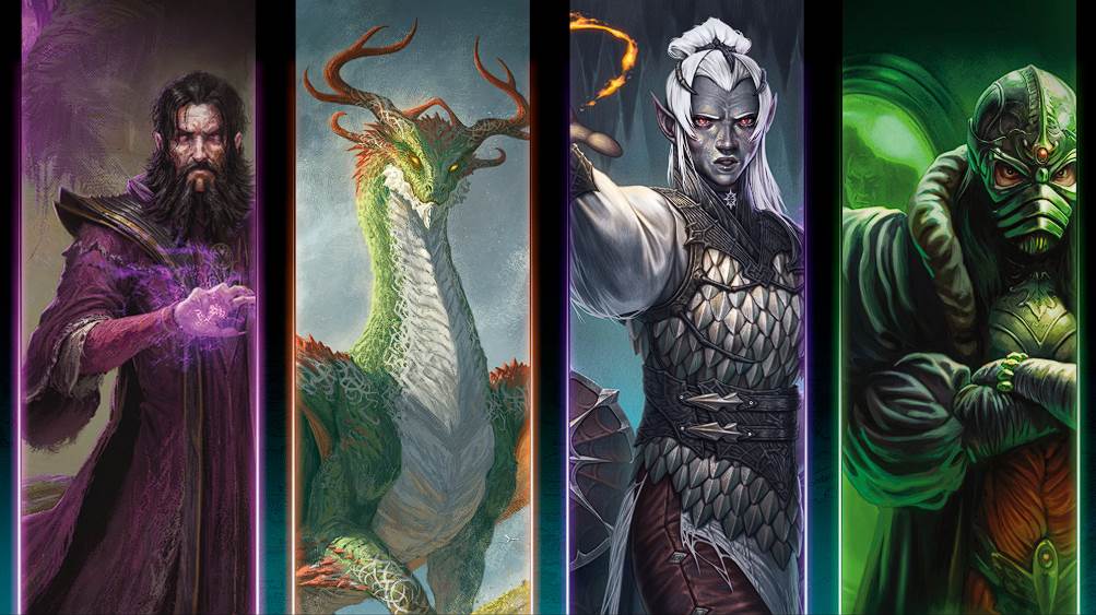 Four Dungeons & Dragons villain illustrations from the Forgotten Realms. From left to right: Sammaster conjuring purple magic, a green-and-white spirit dragon, a drow warrior priestess with glowing red eyes, and Manshoon in green robes and armor.