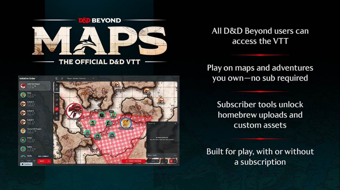"Promotional graphic for D&D Beyond Maps, the official D&D virtual tabletop. The image shows a battle map with tokens in play and text highlighting features: all users can access the VTT; play on owned maps and adventures without a subscription; subscriber tools unlock homebrew uploads and custom assets; built for play with or without a subscription.