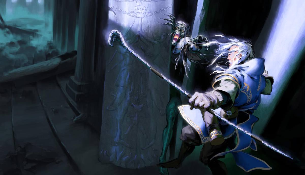 A zombie reaches for a wizard who interrupted his slumber in a tomb 
