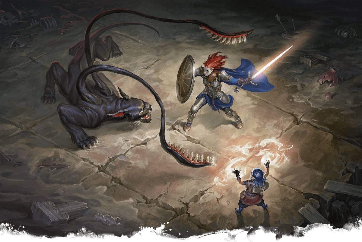 Creatures occupy spaces of varying sizes. This Displacer Beast occupies a 10-by-10-foot space, while the adventurers occupy 5-by-5-foot spaces