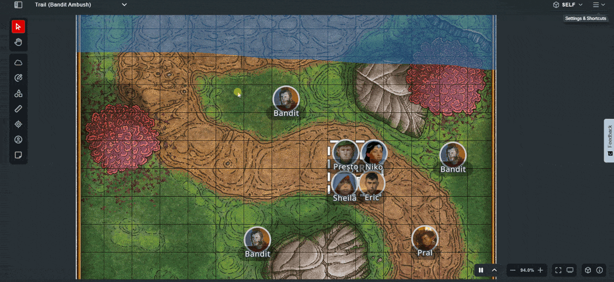 A gif of running combat in the Maps virtual tabletop