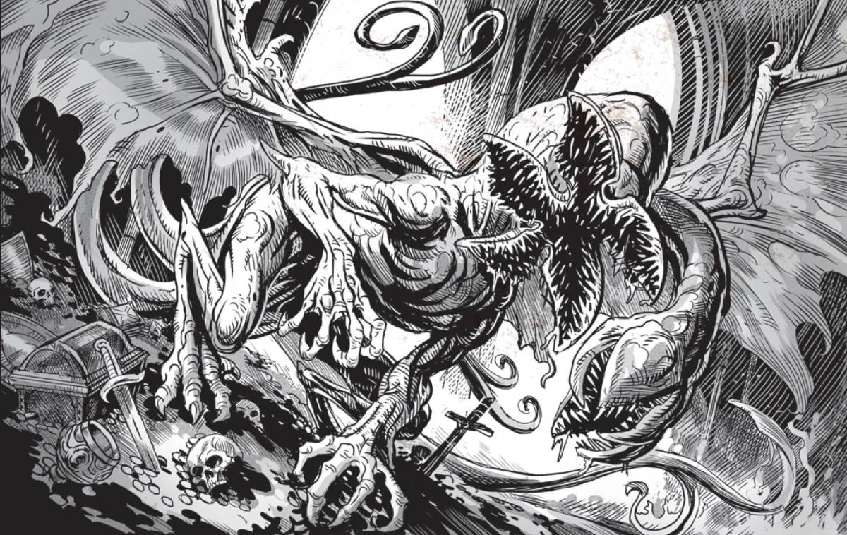 A black and white drawing of a Demodragon