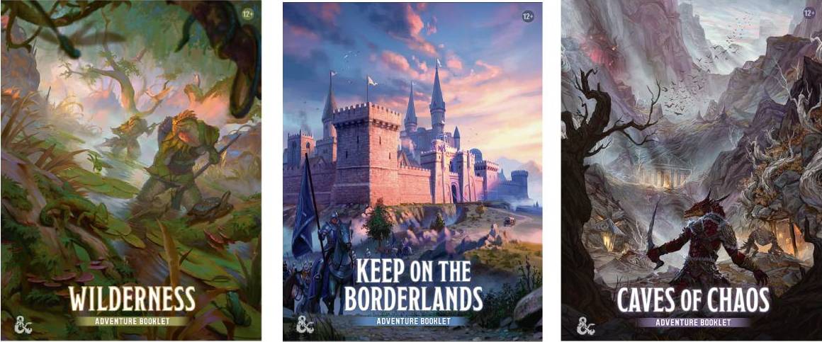The three adventure booklets in Heroes of the Borderland: Wilderness, Keep on the Borderlands, and Caves of Chaos