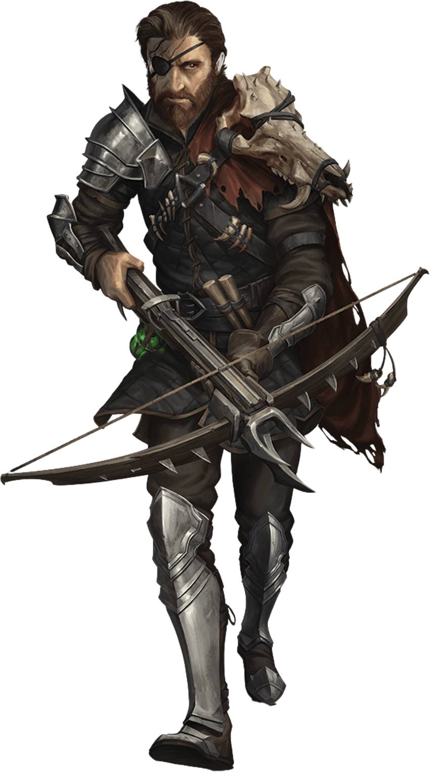 a grizzled Monster Hunter carrying a crossbow