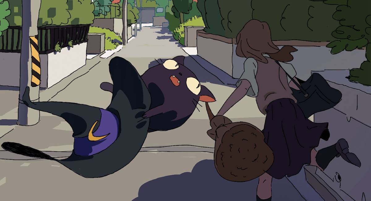 A Wizard and her cat familiar run down a city street