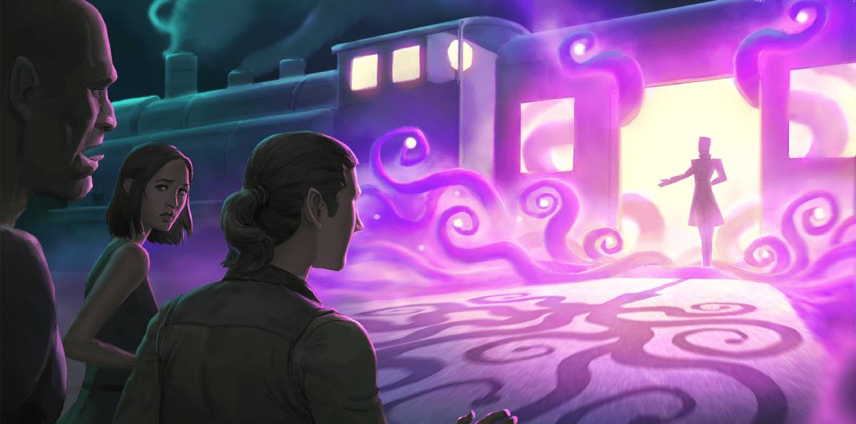 Player's in a dream-like state watching a train approach that has magic purple tendrils