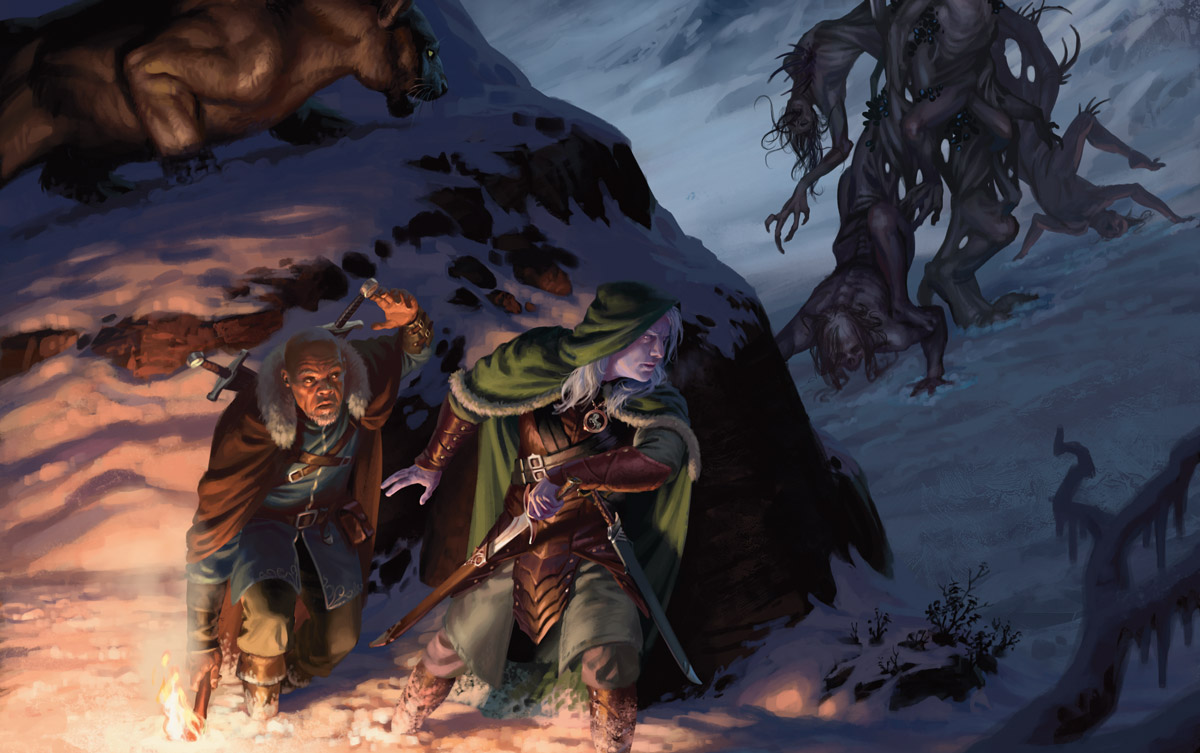Drizzt and a companion stalking a monster in the icy wilderness of Icewind Dale