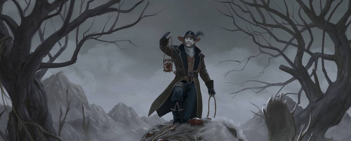 a hunter holding up a lantern to light a grim, swampy clearing