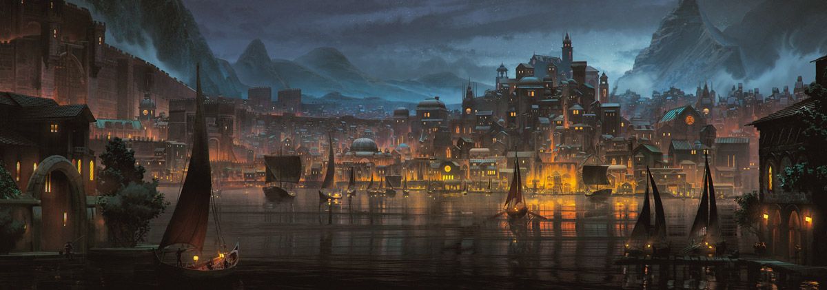 Baldur's Gate's crowded harbor, terraced districts, and looming walls at dusk