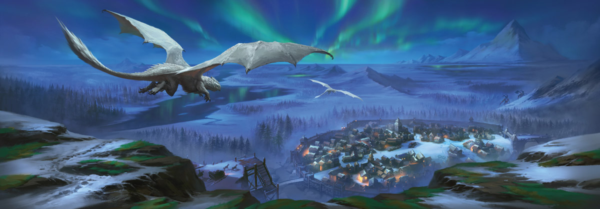 Snow-covered mountains and frozen lakes of Icewind Dale