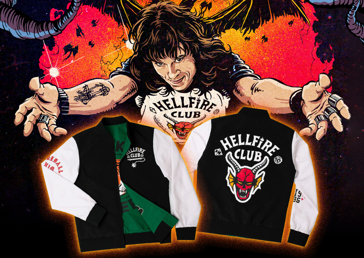 Promotional image for the Dungeons & Dragons “What’s in the Bag of Holding? Homebrew Contest.” The artwork features Eddie Munson from Stranger Things in his Hellfire Club shirt, reaching forward with a fiery demonic backdrop behind him. Tentacles frame the sides of the image, and two black-and-white Hellfire Club varsity jackets are displayed at the bottom.