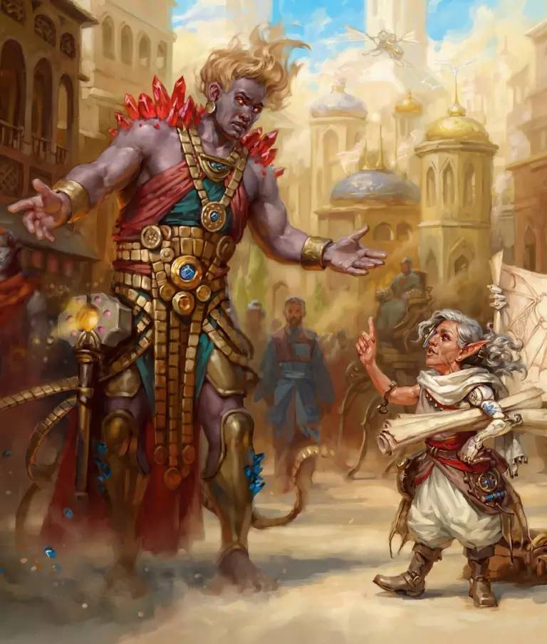 A halfling having a discussion with a genie in Calimport