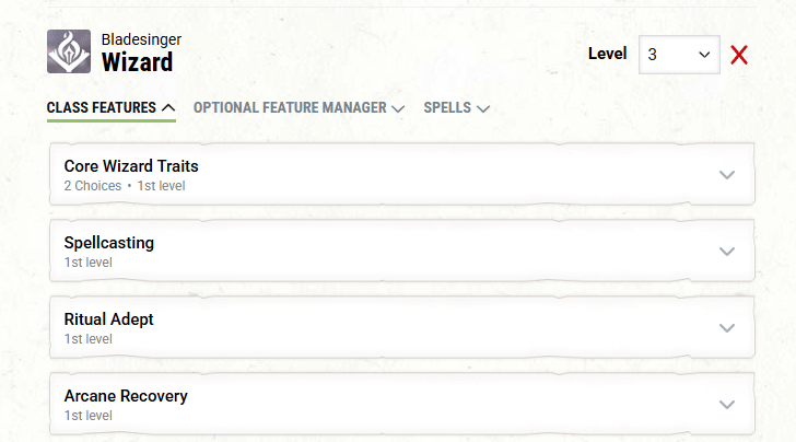 A gif of the Class page of the Character Builder showing a cursor selecting the Optional Feature Manager and enabling the Circle Magic Casting feature.